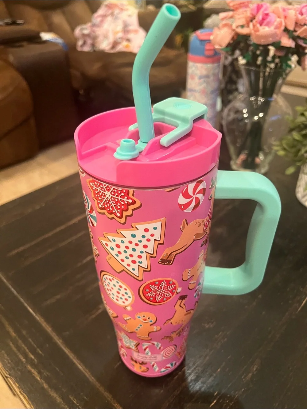 Simply Belle Pink Holiday Kids Tumbler with Mint Handle